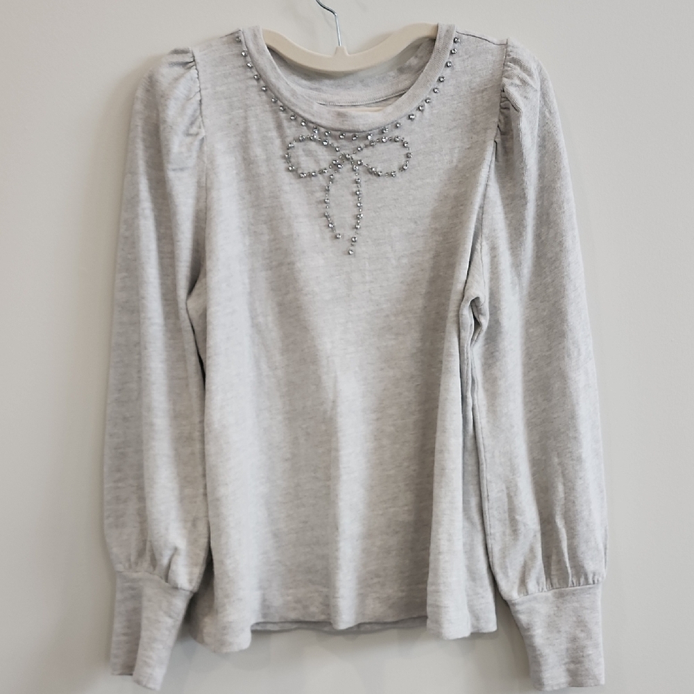 LOFT Light Gray Embellished Long Sleeve Top
